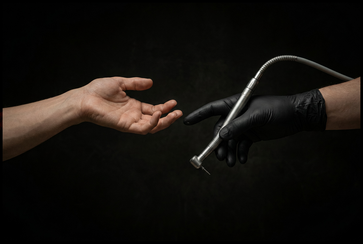A bare hand open and receiving; a black-gloved hand offering a dental handpiece against darkness.